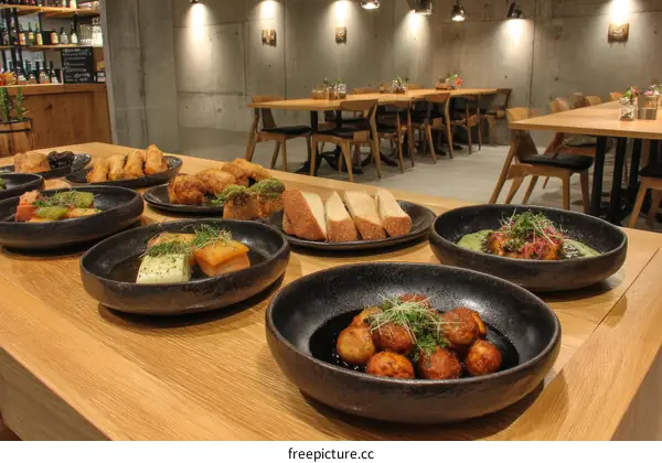 Delicious Restaurant Food Display on Wooden Table