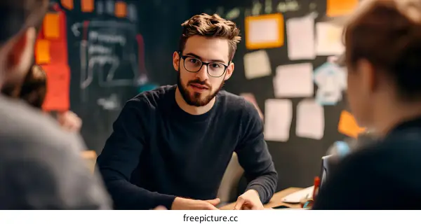 Man in Black Sweater Speaking to Colleagues in Office
