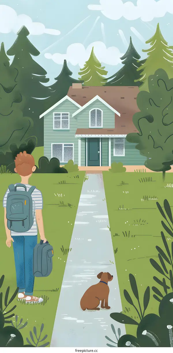 Boy with Backpack Walking Towards House with Dog