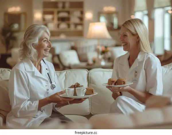Two female doctors in white coats are sitting on a couch and drinking tea.
