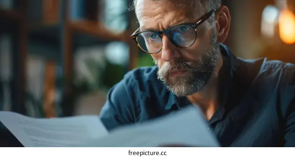 A man wearing glasses is reading a document.