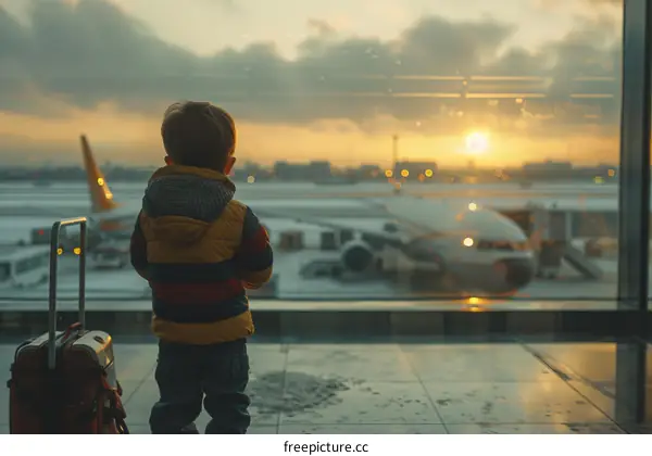 Little boy looking at airplane through window in airport