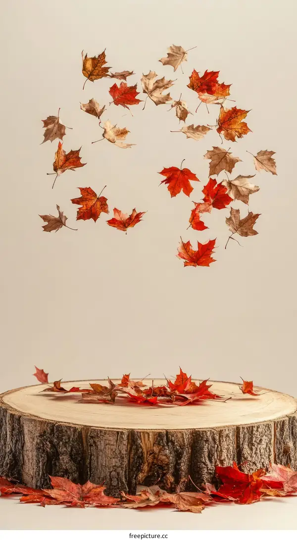 Autumn Leaves Falling on Wooden Stump Display