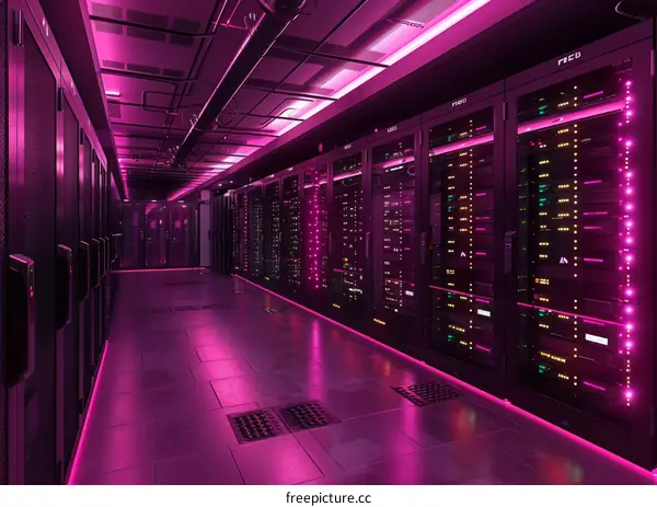 Server room with pink lights