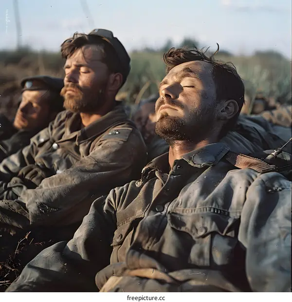Three soldiers are taking a rest during the battle