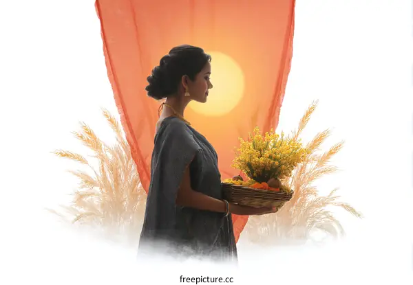 Indian Woman with Traditional Outfit Holding a Basket