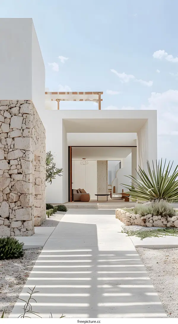 Modern Minimalist White House with Stone Wall and Patio