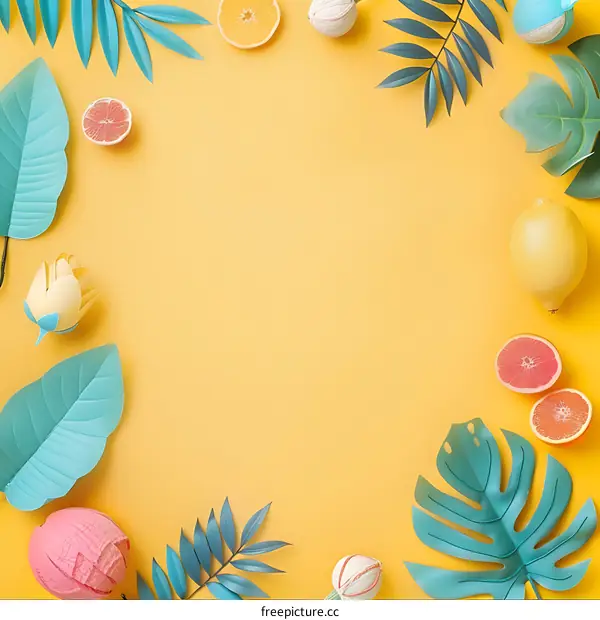 Tropical Fruits and Leaves Summer Background