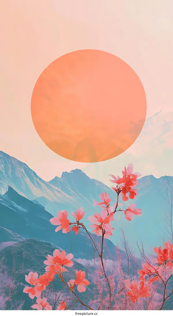 Mountain Range with Pink Flowers and a Large Orange Circle