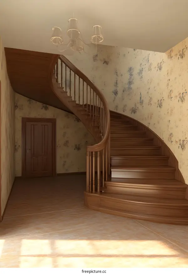 Curved Wooden Staircase in a Room with Floral Wallpaper