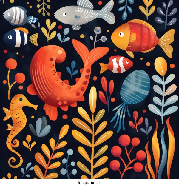 Colorful Illustration of Various Fish and Marine Life