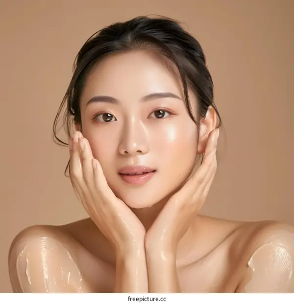 Beautiful Asian Woman Applying Moisturizing Cream on Face