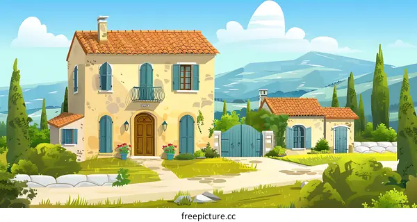 Charming Yellow Cottage in Mountain Landscape Illustration