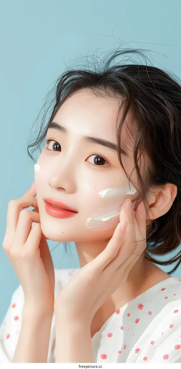 Beautiful Asian Woman Applying Face Cream
