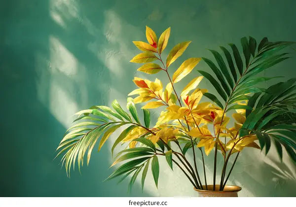 Tropical Plants in Vase Against Teal Wall