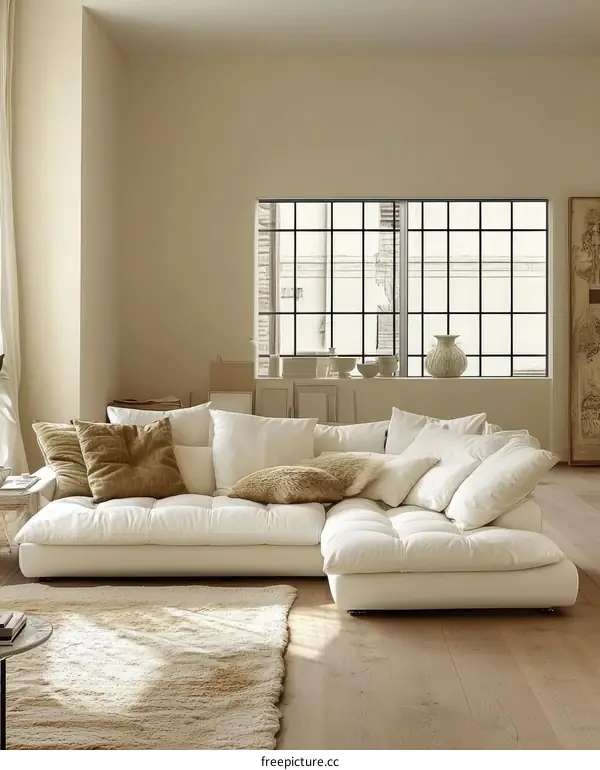 Modern Minimalist Corner Sofa in a Light Beige Living Room