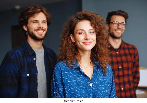 Three Diverse Colleagues Smiling Together in Office Setting