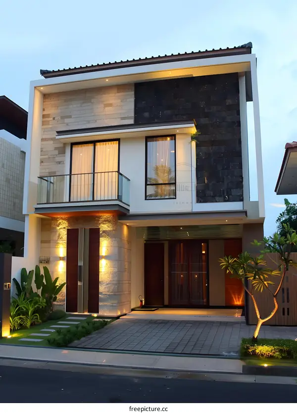 Modern Two Story House With Stone Facade and Balcony