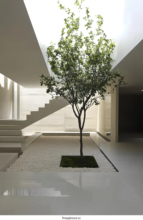 Modern Minimalist Interior Design with Skylight and Tree