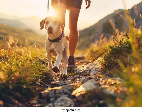 Man and Dog Hiking in the Mountains at Sunset