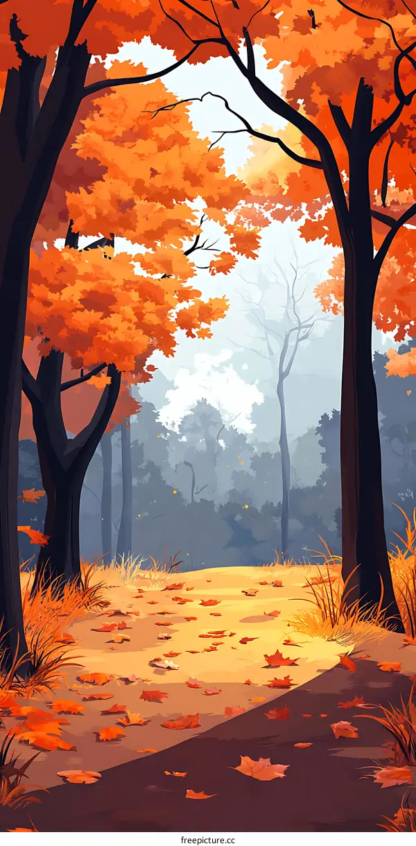 Autumn Forest Path Illustration With Fallen Leaves