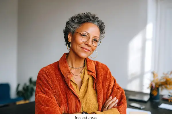 Confident Middle-Aged Woman with Short Curly Hair in Office