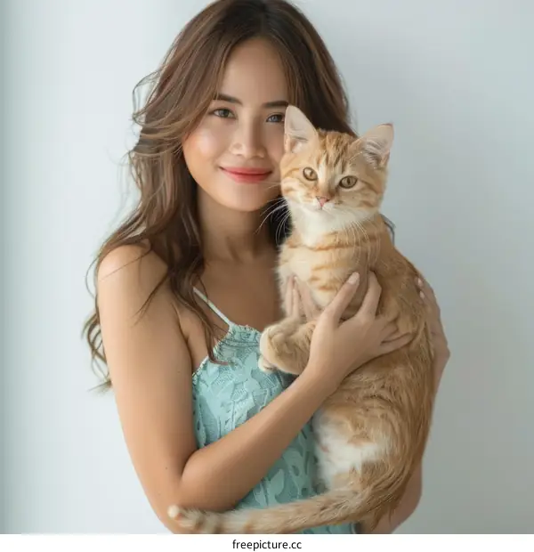 A young woman is holding an orange cat