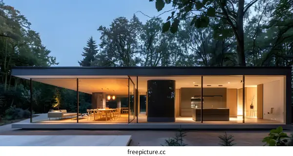 Modern Glass House In Forest With Interior View
