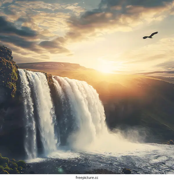 Majestic Waterfall Landscape Under Golden Sunset Sky