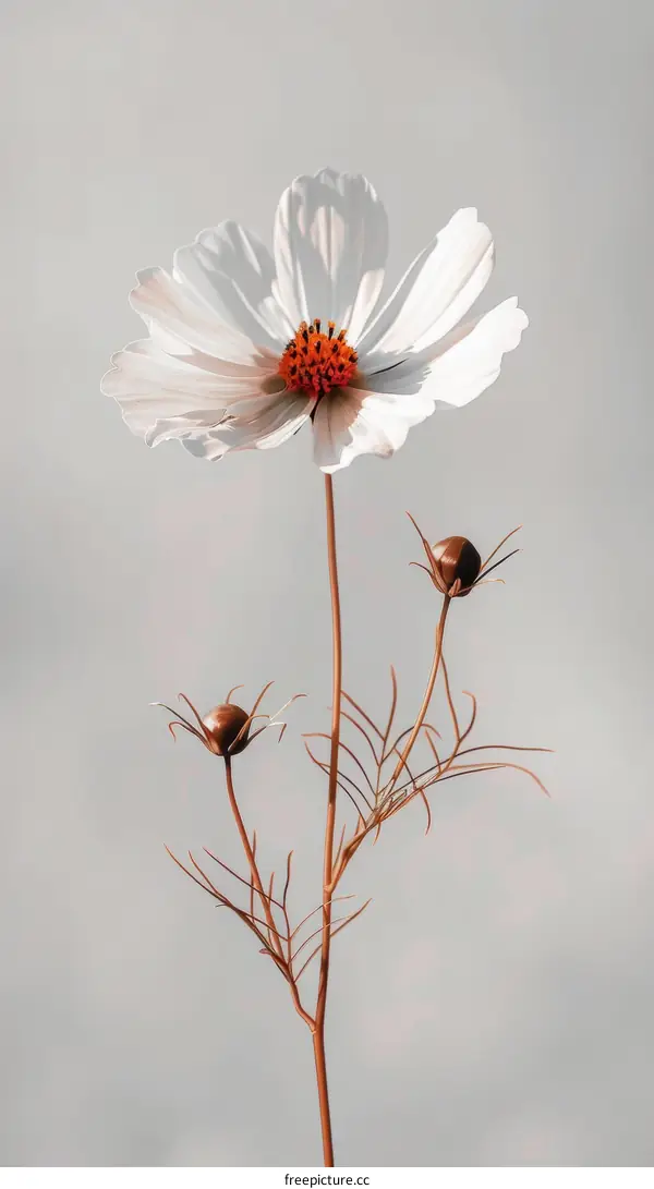 Single white flower in front of white background