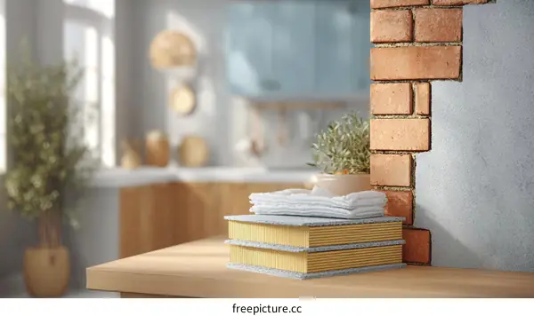 Modern Kitchen Interior with Stacked Towels