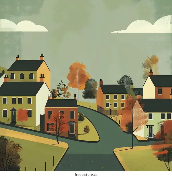 Autumn Village Landscape With Green Roof Houses