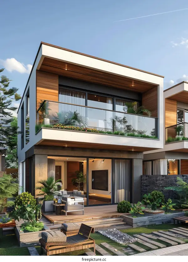 Modern House Exterior Design with Patio and Garden