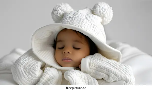 Cute Baby Girl Sleeping in White Knit Hat and Jacket