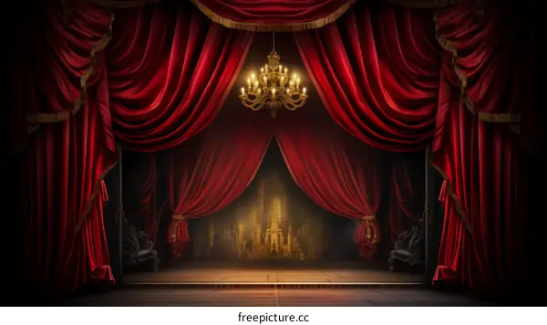 Red Theater Curtains With Golden Chandelier On Dark Background