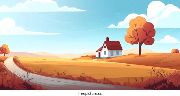 Autumn Landscape with House and Road