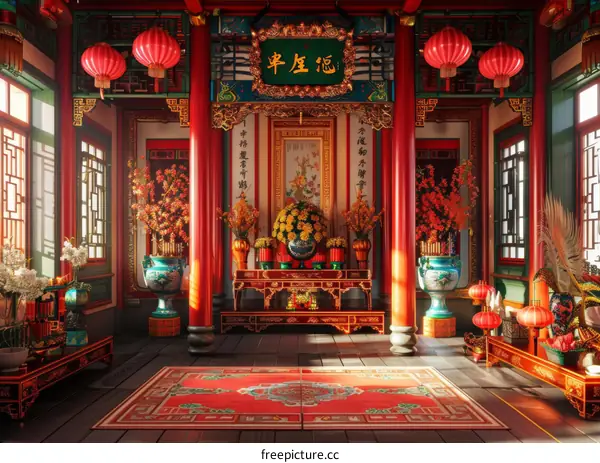 Traditional Chinese Temple Interior Design Illustration