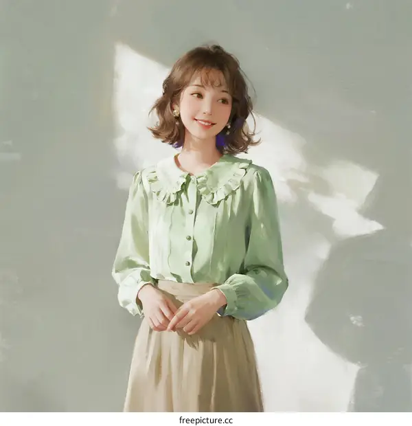 A Young Woman Wearing Light Green Ruffled Blouse and Beige Skirt