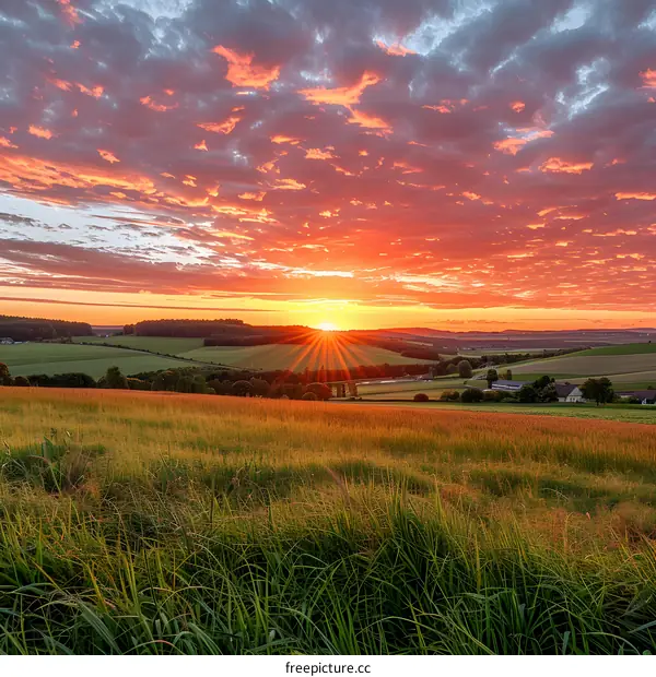 Beautiful Sunset over Rural Landscape with Dramatic Clouds