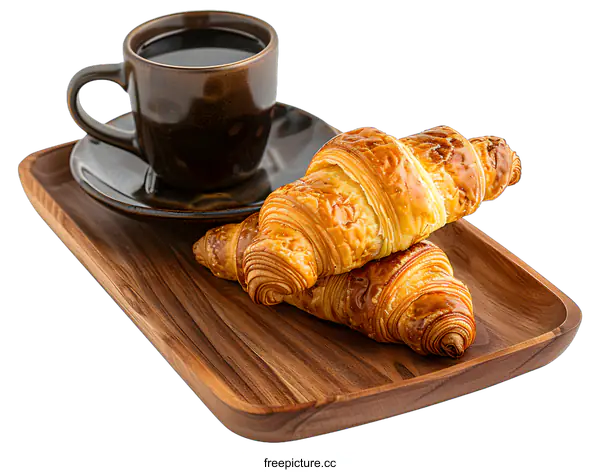 [Transparent Background PNG]Freshly Baked Croissants and Coffee on a Wooden Tray