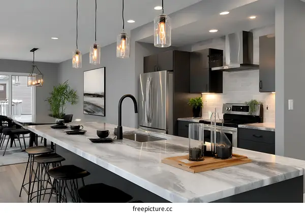 Modern Kitchen Island with Gray Granite Countertop