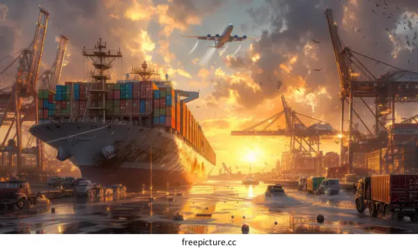 A Large Container Ship Docked at a Busy Port with an Airplane Flying Overhead