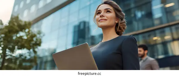 Successful Business Woman Holding Laptop in Front of Modern Office Building