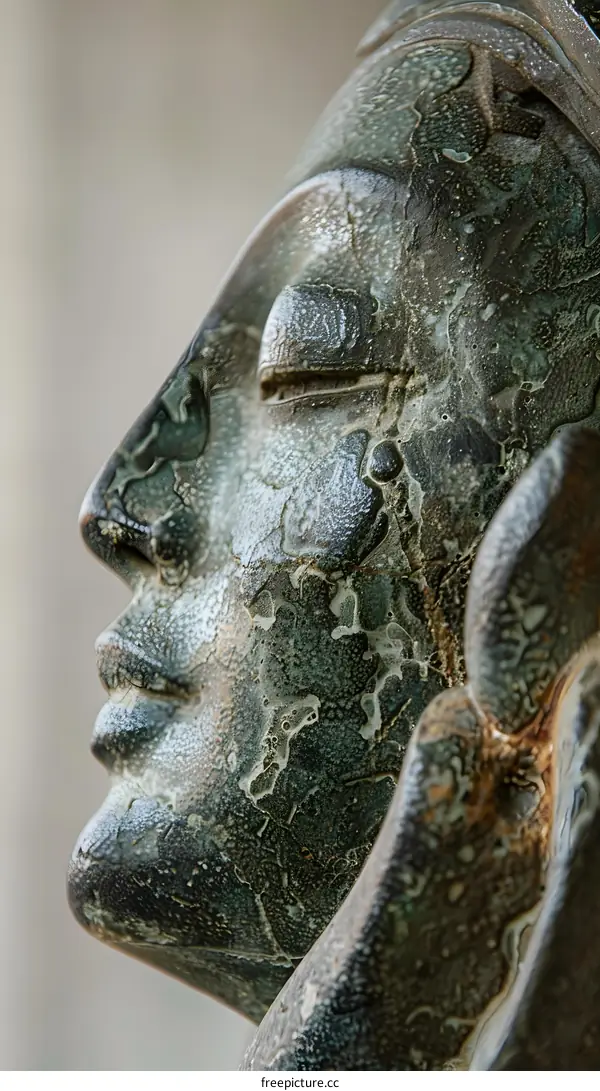 Closeup of Weathered Stone Buddha Statue