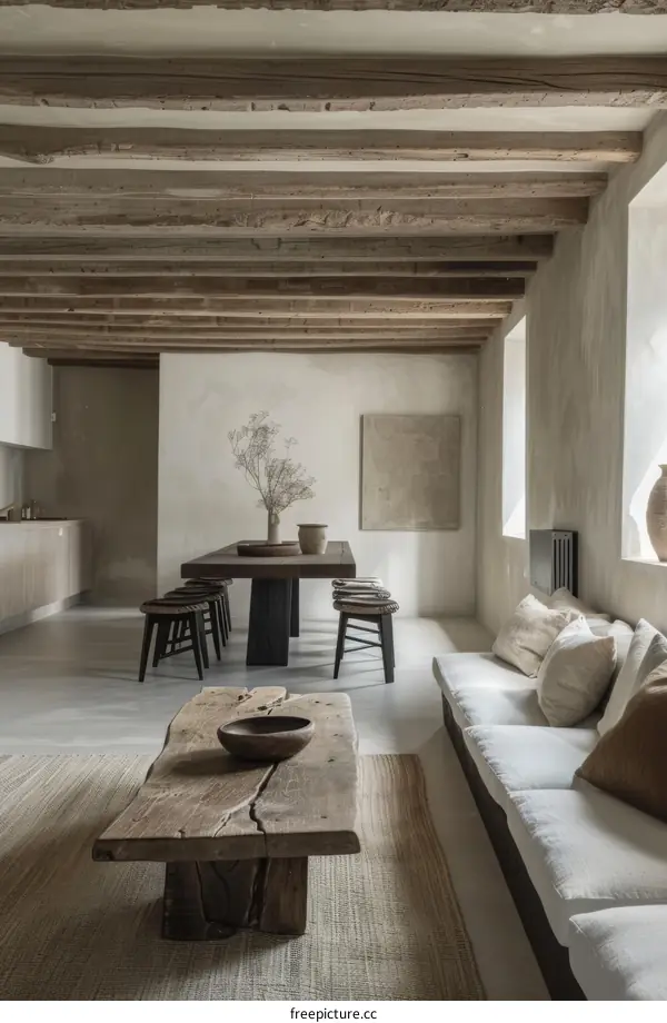 Rustic Minimalist Living Room & Dining Room with Exposed Beams