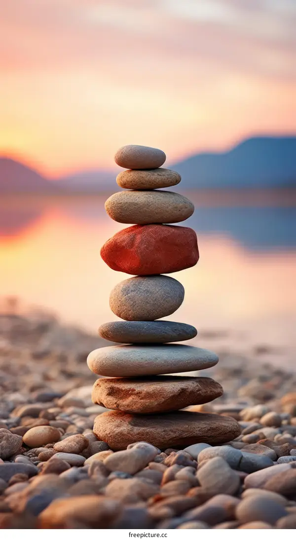 Stack of stones on the beach with a blurred background of water and sky at sunset