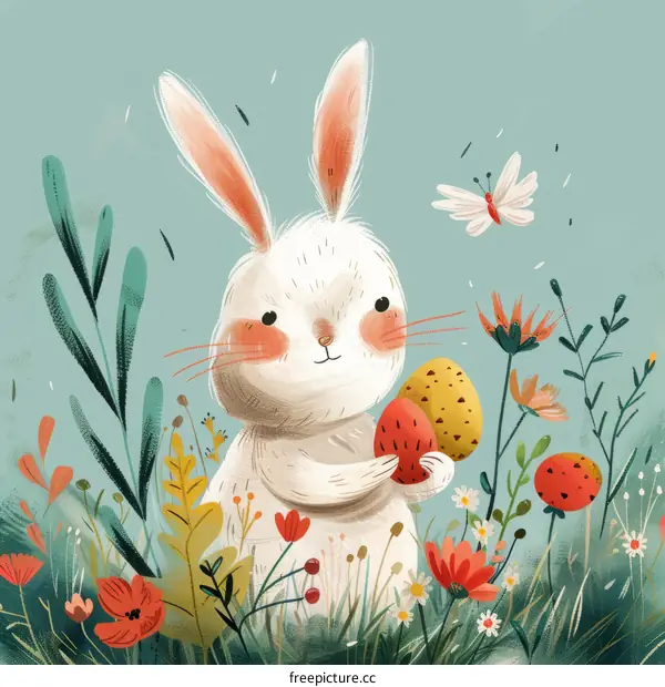 A cute white bunny rabbit holding Easter eggs in a field of flowers