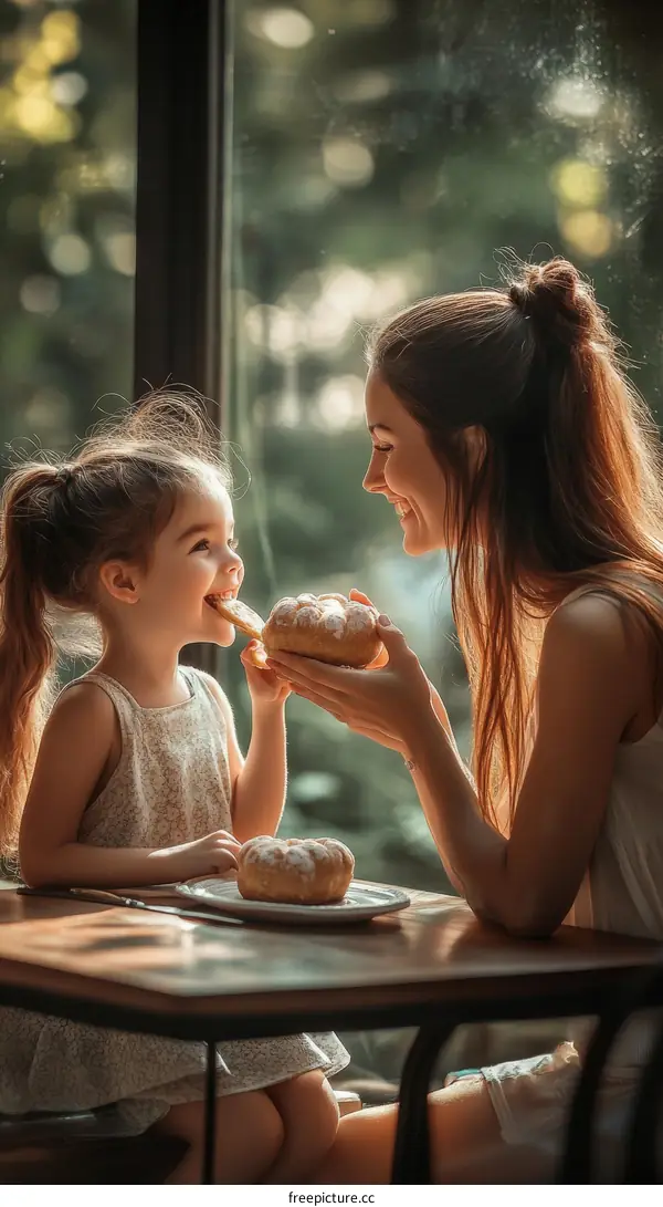 Mother and Daughter Enjoying a Sweet Treat Outdoor