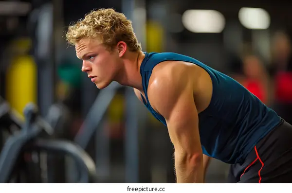 Young Man in a Gym, Lifting Weights and Building Muscle