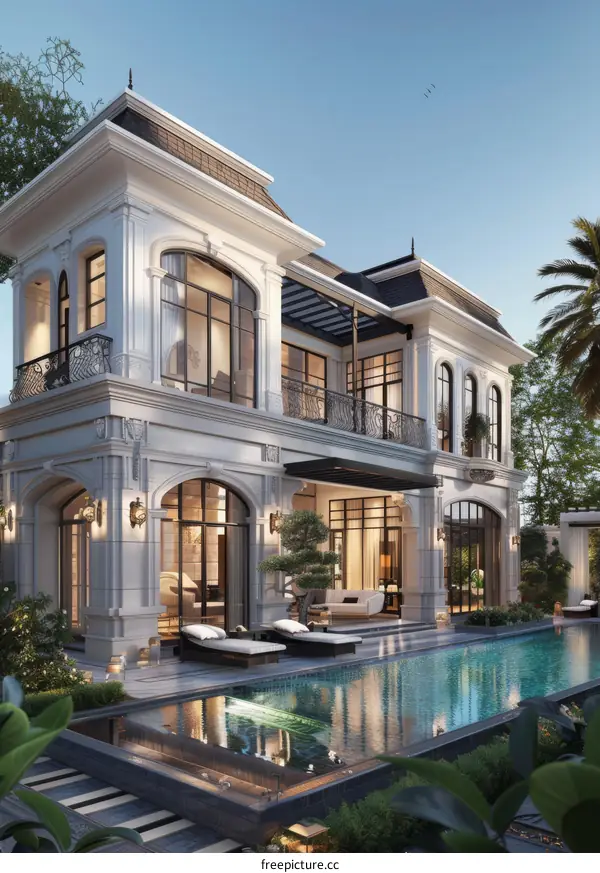 Luxury Mansion Exterior with Pool and Garden